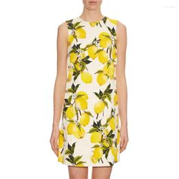 Casual Dresses High Quality Runway Women Vacation Lemon Print Floral-Brocade Embellished Mini Dress 2024