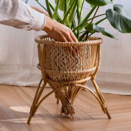 Balcony Landing Stand for Flowers Rattan Woven Flower Stand Hollow Out Breathable Plant Shelves Practical Beautiful Flower Pots