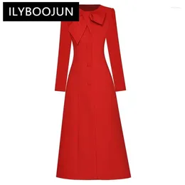 Casual Dresses ILYBOOJUN Fashion Runway Dress Autumn Winter Women O-neck Bow Long Sleeve Single Breasted Split Thickened Red