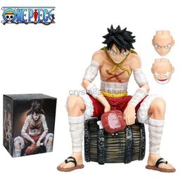 Comics Heroes One Piece Gk Bt Luffy Figure Sitting Position Wine Barrel Bandage Resonant Style Meat Eating Action Figurine Model Doll Model 240413