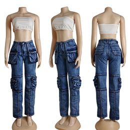 Workwear Pants women wearing pants,Pocket work pantsthe middle washing Straight cylinder Jeans fashion jeans for women Leisure Versatile