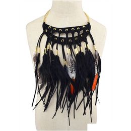 Chokers Handmade Indian Festive Moon Shaped Leather Chain Brown Feather Tassel Choker Necklaces Bohemian Long Statement Necklace Dro Dhtiz