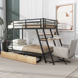 Twin Size Bed,Metal Bunk Bed,Kids bed,Sturdy Multifunctional Twin Size Bunk Bed with Built-in Desk,Light & 2 Drawers,for bedroom