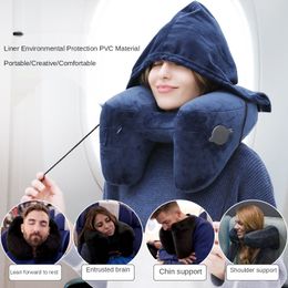 H-shaped inflatable travel pillow with hood foldable lightweight neck car seat, popular chair office airplane seat pillow