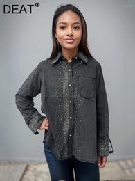 Women's Blouses Denim Shirt Loose Blue Grey Fix Rhinestone Lapel Single Breasted Button Blouse 2024 Summer Fashion 29L6940