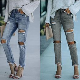 Women's Jeans Solid Colour Straight Hole High Waisted Elastic Slim Jogging Pants For Women Workout