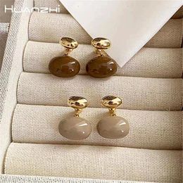 Stud Earrings HUANZHI Dropping Oil Metal Bean Oval Glaze Ear Studs For Women Girls 2024 Fashion Party Korean Retro Chic Jewellery Gift