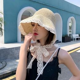 Berets Summer Sun Hat Women Ladies Lace Ribbon Holiday Beach Straw Paper Lady Out Door Travel Leisure Cap Bucket Foldable