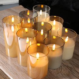 Rechargeable Remote or Not Remote Glass tube 3D wick LED Pillar Candle Light Candles Home Wedding Party Table Decoration-Amber