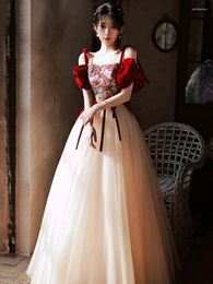 Party Dresses Suspender Evening Dress For Women Printed Off Shoulder Puffy Sleeve Tulle Gown Elegant Birthday Wedding Bridesmaid