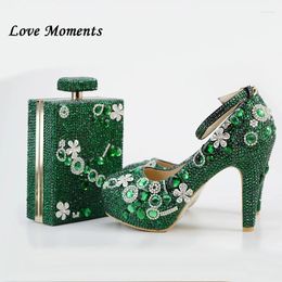 Dress Shoes Love Moments Women Wedding With Matching Bags 9cm Block Heel Ladies Platform Green Crystal Luxury Party Shoe