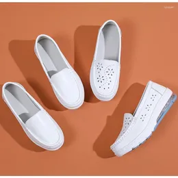 Casual Shoes Genuine Leather Women Soft Soles Breathable Air Cushion Thick Soled Work Small White