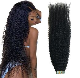 Afro Kinky Curly Tape In Human Hair Extensions 40 pcs Natural Color Skin Weft For Women Mongolian Remy Hairs9567774