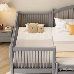 Modern Solid Wood Bed for Children Natural Wood Wax Oil Splicing with Guardrails Kids Bed Simple Design Child for Bedroom