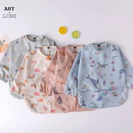 Waterproof Baby Bibs Toddler Danish Long Sleeves Pocket Dirty Free Feeding Bib High Quality Children PU Apron Cartoon Kids Stuff 240410