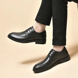 Casual Shoes For Men 2024 Lace Up Leather Spring And Autumn Solid Chunky Heels Increase Height Business Loafers