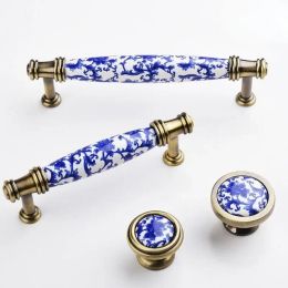 Blue and White Pottery Ceramic Handle New Chinese Solid Wood Cabinet Wardrobe Shoe Cabinet Drawer Single Hole Round Door Handle