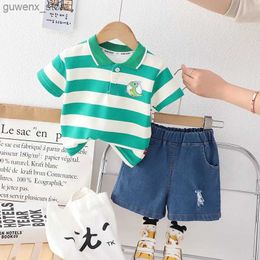 Clothing Sets Fashion Summer Kids Baby Boys Striped Dinosaur Suits Short Sleeve T-Shirt +Shorts Casual Clothes Outfit Girls Clothing 2PCS/Set Y240412