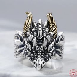 Genuine S925 Sterling Silver Rings for Women Men Fashion Vintage Golden Relief Dragon Head Punk Jewellery 240412