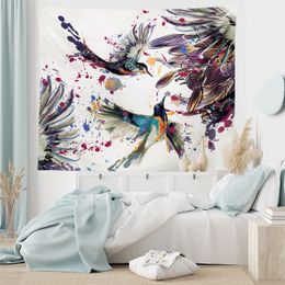 Hummingbird Tapestry,Art Lily Flowers Birds and Colour Splashes In Watercolour Painting Style,Wall Hanging for Bedroom Living Room