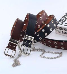 Women Punk Chain Fashion Belt Adjustable Black DoubleSingle Eyelet Grommet Leather Buckle Belt2812356