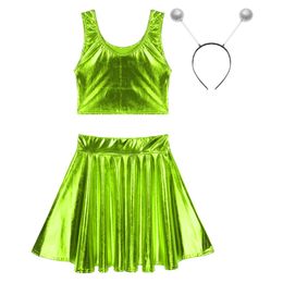 Women Dancing Performance Stage Outfit Metallic Shiny Crop Top High Waist Ruffle Skirt with Hair Hoop Suit Modern Dance Clubwear