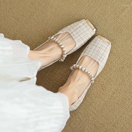 Casual Shoes Square Toe Flats Pearl Mary Jane 2024 Spring/summer Women Designer Shallow Office Lady