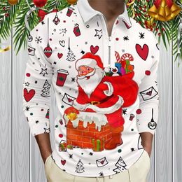 Mens Lapel Half Zipper Blouse Christmas Digital Long Sleeve Shirt Christmas Printing Holiday Shirt Home Party Autumn Wear