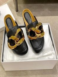 London Luxury Flat Heels Slipper classic JW Loafers Slippers JA Sandals Genuine Leather Wood Bottom gold Chain Sandal luxurys Fash6636418
