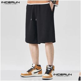 Mens Shorts Incerun 2024 American Style Men Casual Elastic Waist Design Fashionable Straight Tube Solid All-Match S-5Xl Drop Delivery Otpen