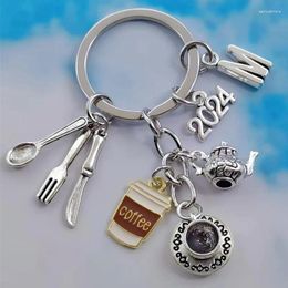 Keychains Fashion A-Z Letter Keychain Kitchen Tableware Knife Spoon Metal Coffee Cup Tea Pot Pendant Afternoon Car Key