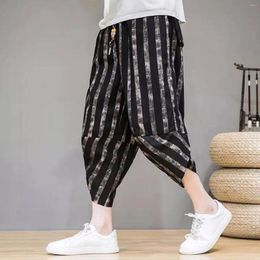 Men's Pants Casual Loose Beach Capri Linen Harlan Striped Lightweight Elastic Waist Wide Leg Trousers Soft