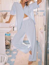 Home Clothing Women S 2 Piece Pajama Set Short Sleeve Lapel Button Up Striped Shirt Tops Pants Sleepwear Sets