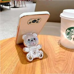 Cute Quicksand Bear Holder Plating Phone Case For Xiaomi Mi Poco X3 Nfc X4 X5 Pro C40 M4 Pro 4G 5G M3 M5 F3 F4 GT Stand Cover