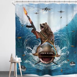 Funny Cat Shower Curtains Sea Waves Birds Shark Cute Dinosaur Unicorn Fun Animals Children Bathroom Decor Kids Bath Curtain Sets