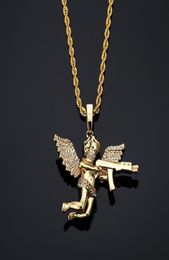 Top Quality Jewellery Zircon GoldSilver Cute Angel Baby With Gun Pendant Necklace Stainless Rope Chain for Men Women1349619