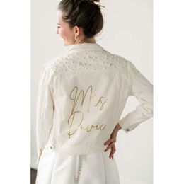 Pearl Personalized Bride White Denim Jacket Mrs. Jackets Bachelorette Party Wedding Shower Custom Coats