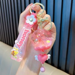 Creative In Oil Dried Flowers Floating Wind Chimes Blue Whale Key Chain Cute Bee Liquid Quicksand Sequin Sakura Pendant Keychain