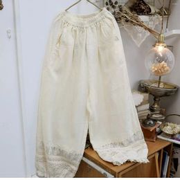 Women's Pants 54-100cm Elastic Waist / Spring Summer Women Sweet Mori Kei Girl Loose Lace Patchwork Comfy Linen Pants/Trousers