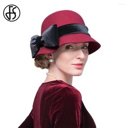 Berets FS Female Fedora Red Hat Woman Bowler With Big Bowknot 2024 Spring Wool Felt Fedoras Ladies Elegant Tea Party Millinery