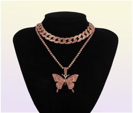 Cuban Chain Big 3d Butterfly fashion designer luxury diamonds statement pendant choker necklace for woman girls hip hop jewelry7690828