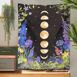 Tapestries Moon Phase Floral Tapestry Wall Hanging Purple Plant Star Ancient Witchcraft Hippie Butterfuly Carpets