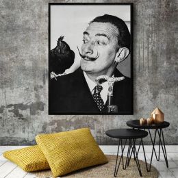 Salvador Dali with Rooster Wall Art Posters and Prints Black White Photo Canvas Painting Wall Picture for Living Room Home Decor