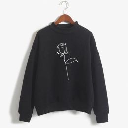 Sweatshirts Simple Rose Line Art Print Woman Sweatshirt Sweet Korean Oneck Knitted Pullovers Thick Autumn Winter Candy Colour Women Clothing