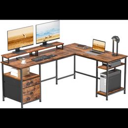 Furologee 66" L Shaped Computer Desk with Shelves, Corner Gaming Desk with File Drawer and Dual Monitor Stand
