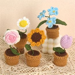 Decorative Flowers Wool Crocheted Artificial Flower Potted Finished Eternal Tulip Room Daisy Inner Decoration Holiday Gift