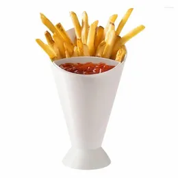 Plates 2024 Tableware 1Pc French Fries Shelf Holder Assorted Sauce Chips Snack Cone Dip Cup Serve Potato Kitchen Dish Two Mouth