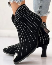 Decor 517 Rhinestone Women Chunky Ankle Heel Womens Boots Shine Short Botas Side Zippointed Toe 240407 116
