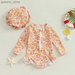 One-Pieces Baby Girl Swimsuit 2 Piece Flower Set Round Neck Long Sleeve Front Zipper Swimsuit + 3D Bow Swimming Cap Bathing Suit Beach Wear Y240412