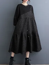 Casual Dresses Fashion 2024 Spring Woman Korean Versatile Jacquard Spliced Loose Pullover Drawstring Temperament Mid-calf O-neck A-line